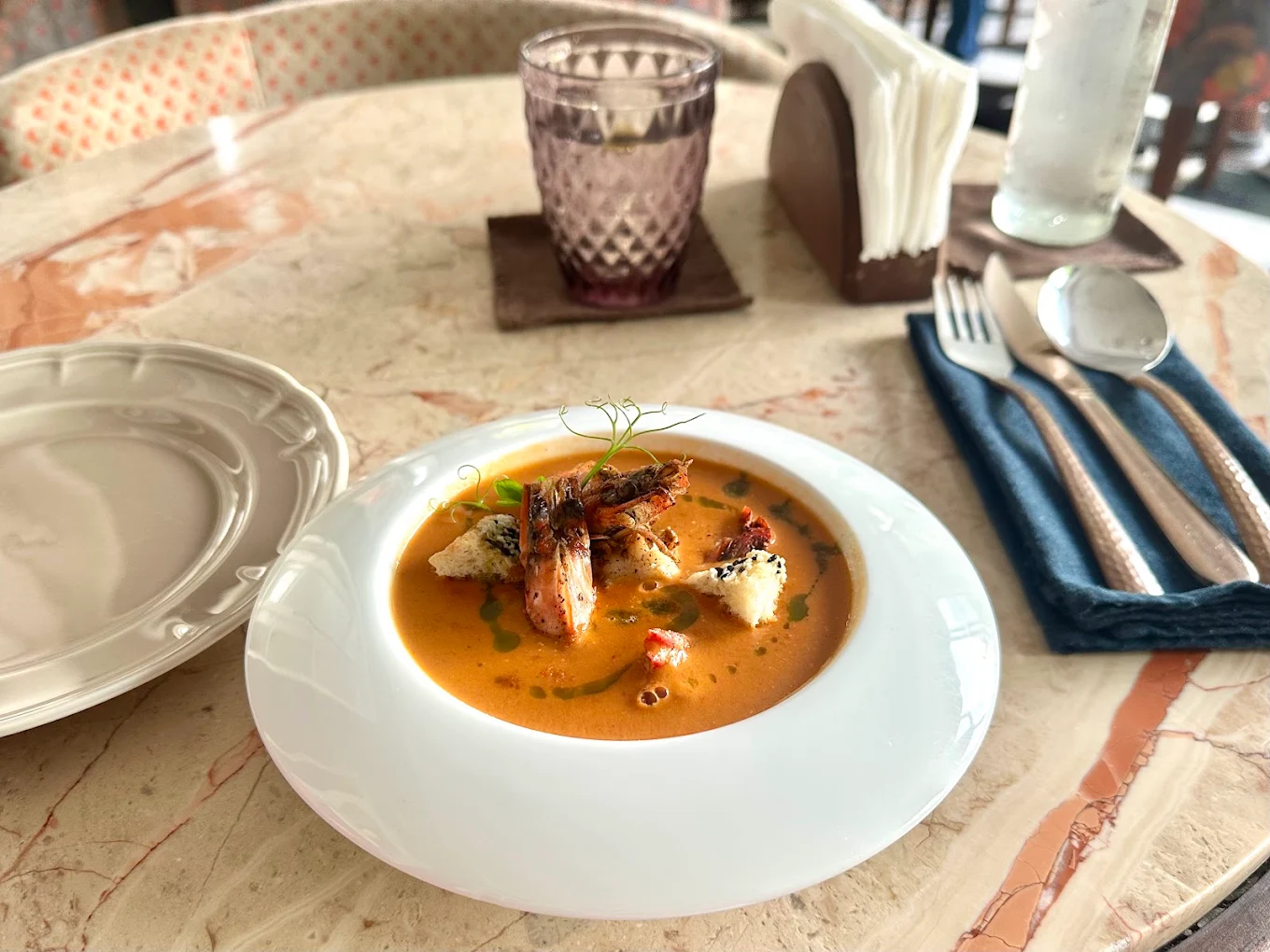 Prawn bisque with croutons
