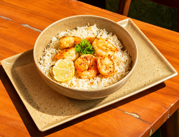 Garlic Rice with Grilled Prawns