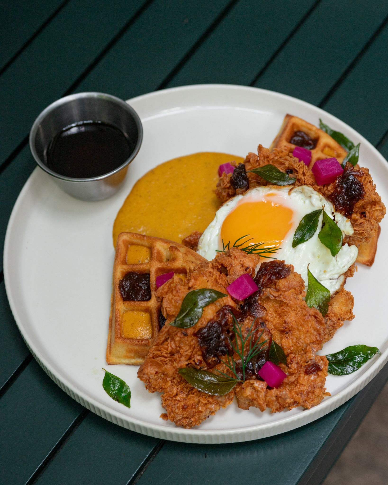Masala butter fried chicken & curry leaf waffle